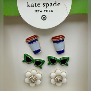 New Kate Spade Boxed 3 Pairs Enamel Earrings Coffee Cups Sunglasses Daisies
